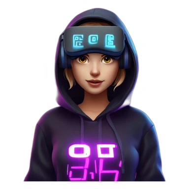 Create a 3D model of a Russian girl wearing a black hoodie with "OMG" letters on it and VR headset in a cyberpunk VR environment with violet neon lighting. sticker