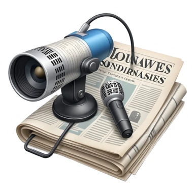An icon featuring a microphone, a newspaper, and a camera, representing journalism and mass media. The design includes soundwaves and headlines, symbolizing the spread of information and news. Transparent background highlights the power of communication and media. sticker