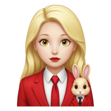 Woman with porcelain white skin, thick blonde hair that's in a thick, long ponytail, has the nose of a bunny, yellow scleras, red pupils, and a red suit with a black tie. sticker
