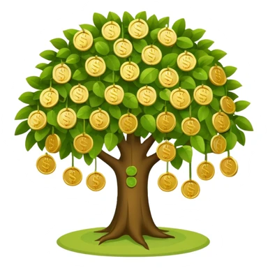 Apple-style money tree (not so mush coins), round soft green canopy.
No pot, no ground — only the tree.
Small gold coins as fruits inside the leaves (not below).
Flat 2D vector, clean shapes, no gradients.
Dark near-black background, premium fintech icon. sticker