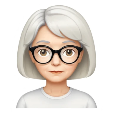 white older woman about 60 with light warm skin, short black bob haircut with slight waves at ends, neutral expression, large black shiny butterfly or cat-eye glasses, white casual t-shirt, calm and creative energy sticker