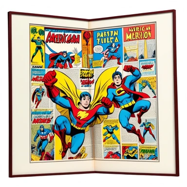 Create a detailed and vintage-inspired emoji representing comic books and graphic novels as a storytelling art form. The design should feature a large, open comic book with pages filled with classic American comic book panels. Include bold, dynamic lines and vibrant colors typical of vintage comics. A pencil (without a hand) should be writing text on the page, symbolizing the creation of the story. The overall design should evoke the classic feel of old-school comic books while incorporating the process of creating a graphic novel. Use rich, bold colors like red, yellow, and blue, and make the background transparent sticker