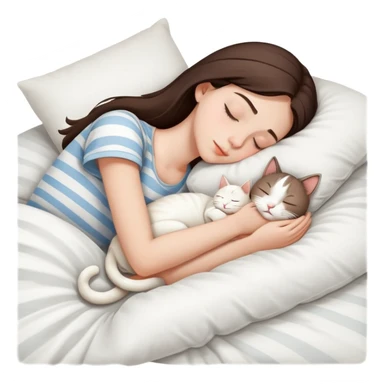 side view brunette teenage girl sleeping with white cat that has beige stripes on a white pillow with white sheets sticker