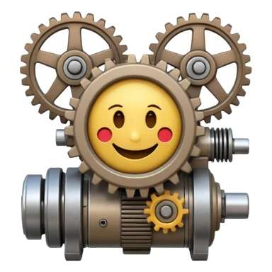 Industrial mechanical motor with a smiley face, emoji for the new electric music genre Motor breaks must be friendly and sellable must be small but clear child friendly, ready to use as a logo, motor synth make sure it's not Cold the Face must look like it's part of the machine sticker