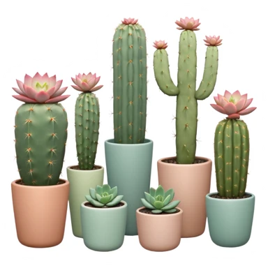 Ceramic pots in pastel colors, tall and short, cylindrical, square, and bowl-shaped, containing cereus cactus plants, hanging cacti, flowering cacti, echeveria succulents, sedum succulents, and graptopetalum succulents placed in a row on the floor sticker