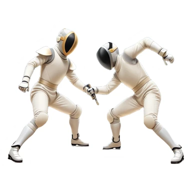 Two fencers in full protective gear and masks duel on a professional piste, swords clashing mid-air. Dynamic lunges and defensive stances highlight the intensity of the sport. The background features a stylized fencing arena with bright lights. Transparent background sticker
