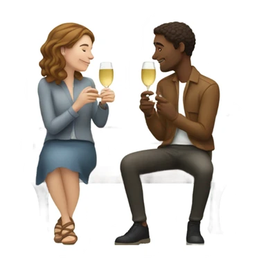 couple of white people with brown hair, sitting closely on a park bench, enjoying a romantic moment. One person is holding a croissant, and the other is holding a glass of Prosecco.  sticker
