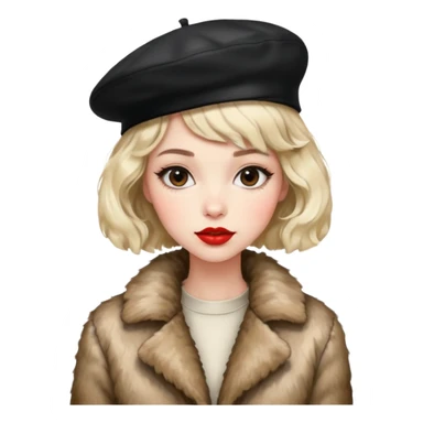 Alluring 1970's beret French girl french shiny black wavy textured bob haircut tousled hair red lips wearing furry jacket sticker
