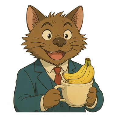 ghibli style cat with a dog nose, wearing a suit, earring, holding a cup of bananas, playful expression sticker