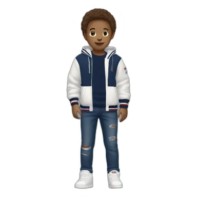 A child that is white with brown hair with a dark blue tommy hilfiger sweater with a dark blue jean and adidas shoes sticker