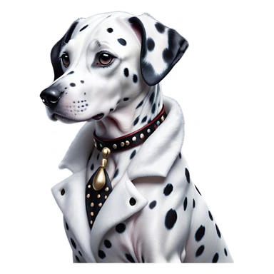 Cinematic Noble Dalmatian Portrait Emoji, Poised and regal, with a lean, athletic build and a glossy white coat adorned with distinctive black spots, deep-set soulful dark eyes, Simplified yet sharp and sophisticated features, highly detailed, glowing with a soft, dignified glow, high shine, intelligent and alert, stylized with an air of elegance, focused and attentive, soft glowing outline, capturing the essence of a watchful and confident companion, so majestic it feels as though it could dash out of the screen with effortless authority! sticker