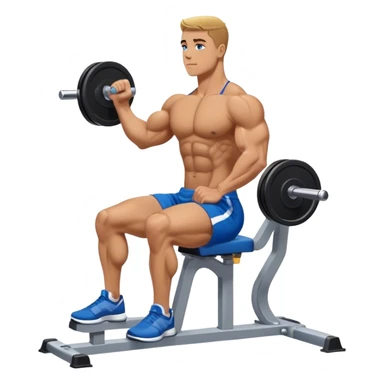side-view bodybuilder in blue shorts seated weighted calf-raise machine on his tip toes sticker
