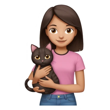 As una chica con piel marron claro con el pelo  medio largo color marron oscuro que tenga la chica una camiseta rosada mangas cortas con un jean claro que tenga ojos marrones la chica que la chica este sonriendo mientras sostiene entre sus brazos 1 gato negro gordito. sticker