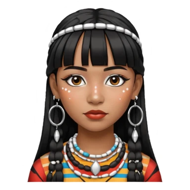 Chica indígena con maquillaje tradicional de indígenas con puntos y rayas, pelo liso y flequillo, con aretes de candongas grandes  sticker