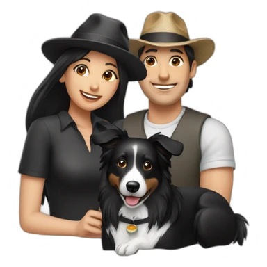 group consisting of man in hat and woman with black ponytail long hair and small black border collie dog sticker