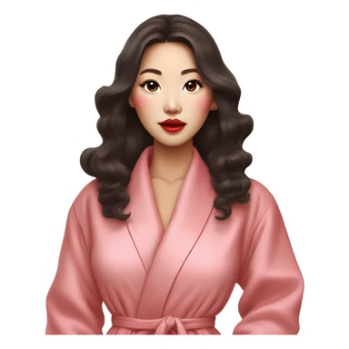 a beautiful korean woman with big lips, long eyelashes and long curled hair paints her lips with terracotta lipstick, she is dressed in a pink luxury housecoat sticker