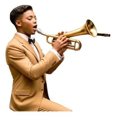 Create an elegant and vintage-inspired emoji representing jazz vocal performance. In the foreground, feature a classic, antique jazz microphone on a stand. Behind it, place a grand piano, with the lid slightly open, and have a Selmer Model 19 Balanced Action trumpet resting on top of the piano. The trumpet should have visible details like its shiny brass finish and the unique design of the valves. Add musical notes flowing around the scene to capture the improvisational essence of jazz. Use rich, deep colors like black, gold, and dark wood tones to evoke the timeless, sophisticated atmosphere of jazz. The background should be transparent. sticker
