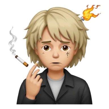 stressed emoji looking down shaking head wearing a disheveled wig with a cigarette in hand sticker