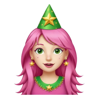 A girl with long pink hair and green eyes with long eyelashes and a happy face. She has freckles and a lit of bit of pink lipstick on her mouth, she’s also got a full gold birthday party hat on her head with gold pom poms on top of it, and her T-shirt is all red, she wore gold star earrings  sticker