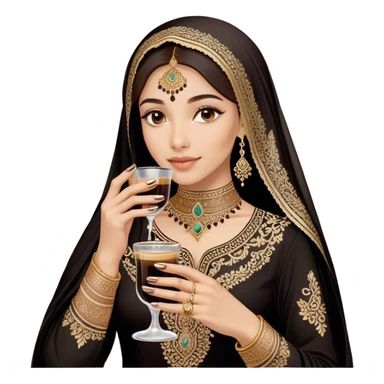A delicate hand adorned with intricate floral henna designs holds a traitional glass of Arabic coffee. The deep brown henna contrasts beautifully with the rich embroidery of the black outfit, which features shimmering floral patterns. A gold ring and dark nail polish add elegance to the aesthetic. sticker