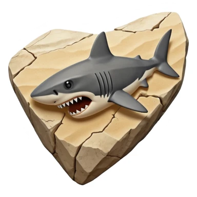 3D render of Shark Tooth, embedded in a chunk of rough sedimentary rock, cracked stone texture, ancient fossil aesthetic, shiny black enamel tooth embedded in beige sand, matte dry finish, Apple emoji style, isolated on white background --v 6.0 sticker