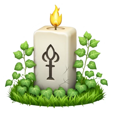 Gravsten med lite ivy som klättrar på den och framför i gräset på marken ett stående vitt brinnande blockljus sticker