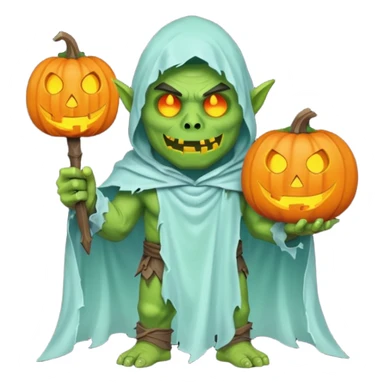 male orc warrior ghost emoji, green skin, wearing torn white ghost sheet costume, holding glowing jack-o'-lantern, faint blue aura, friendly but spooky expression, Halloween fantasy theme, Apple emoji style, clean white background, square sticker