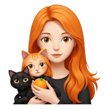 A long-haired girl holding a black cat and an orange cat sticker