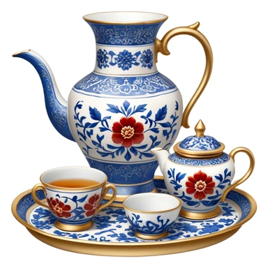 Metal painting icon, a metal vase, tray, and tea-cup, each decorated with different techniques: Gzhel-style blue floral patterns, Chinese red and gold designs, and intricate Golden embroidery-style details. Visible fine paintbrush, paint pots, and accessories like porcelain palette, minimalistic style, clean lines, transparent background. sticker