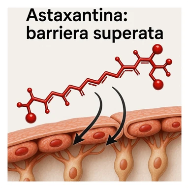 hyper realistic red astaxanthin molecule crossing an anatomical blood-brain barrier, scientific atmosphere, white background, arrows showing passage, with text 'Astaxantina: barriera superata' sticker