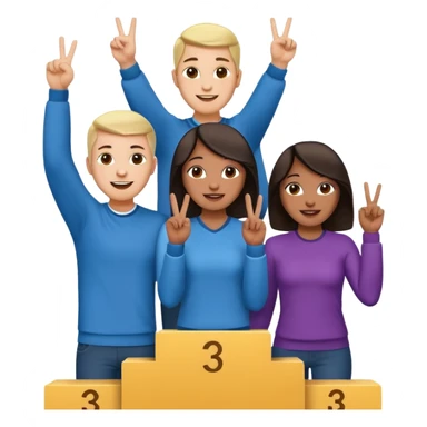 three casually dressed multi-racial people on a winners podium with the center step higher, no numbers, center person holding up one finger on each hand, left person holding up two fingers on each hand, right person holding up three fingers on each hand, cheerful expressive emoji style sticker