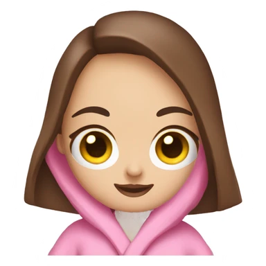 I want a cute female emoji with a round yellow face with big cute eyes with big eyelashes and a feminine mouth and with long dark brown hair and wearing a pink bathrobe sticker