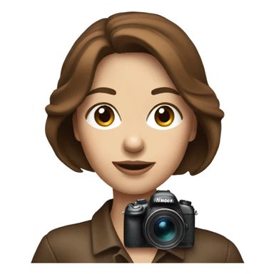 Portrait of stylish woman with blue eyes and brown bob hair holding a nikon camera sticker