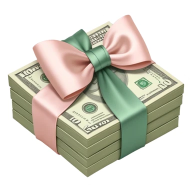 Neat money stack tied with a blush satin bow, muted green $100 bills, soft luxury rich  sticker