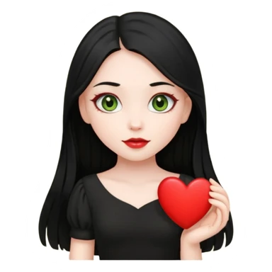 Pale girl with long black hair and olive green eyes wearing black dress and holding a heart sticker