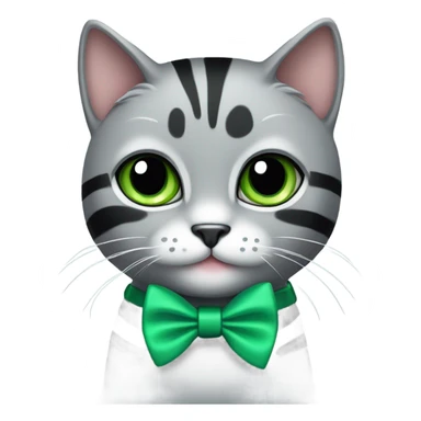 Cute grey cat with black stripes and big shinny green eyes wearing a bow tie sticker