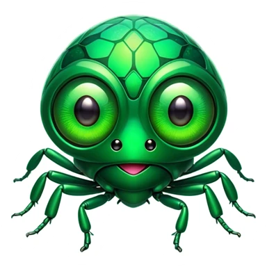 Cinematic Cute Green Bugdie Portrait Emoji, Head tilted playfully and inquisitively, featuring a glossy, vibrant emerald exoskeleton with intricate patterns, round, sparkling multifaceted eyes filled with curiosity, Simplified yet irresistibly adorable features, highly detailed, glowing with a warm, friendly glow, high shine, affectionate and lively, stylized with a touch of whimsy, bright and endearing, soft glowing outline, capturing the essence of a mischievous yet charming bug, so playful it feels like it could buzz out of the screen and into your arms! sticker