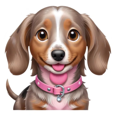 a brown grey and white dapple mini long hair dachshund with speckles across her head and chest, her tongue out and a pink collar sticker