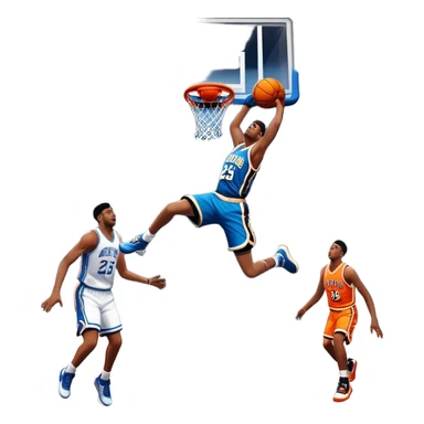 An icon showing a basketball court with players in action, inspired by NBA 2K25. A player jumps for a dunk, the ball mid-air, with the court’s floor and surrounding basketball arena visible. Bright lights highlight the excitement of the game. Transparent background. sticker