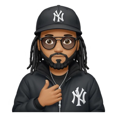African American man with shoulder length black dreadlocks with black beard wearing black sunglasses wearing a black New York Yankees logo baseball cap wearing a black bubble winter coat with hands together sticker