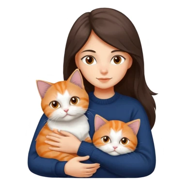 a girl with long dark brown hair, in a navy sweater, hugs a persian peaknose grey cat and persian peaknose orange and white kitten and a persion peaknose brown tabby and white cat sticker