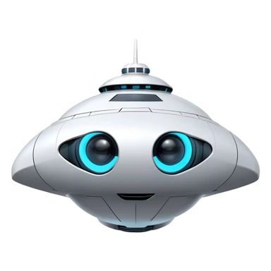 Design a simple, semi-realistic spaceship with a clean and minimalistic design. The ship should have a smooth, rounded shape with a few subtle mechanical details, like small thrusters or panels, but avoid overly complex or advanced features. Add a 'face' to the front of the ship using basic shapes, such as two circular lights for 'eyes' and a curved line or pattern for a 'smile,' giving it a friendly and approachable personality. The design should feel functional yet charming, as if the ship has its own character or consciousness. Use a plain, transparent background with no additional elements, focusing entirely on the ship. The lighting should be soft and even, highlighting the ship's 'face' and overall design. sticker