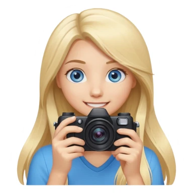  blue eyes blonde girl photographer cartoon taking picture in middle of taking picture camera in front of face long hair smiling funny flash professional, camera in front of face sticker