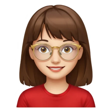 chica con piel blanca sonriendo, ojos marrones y pelo marrón largo con flequillo y lentes dorados con remera roja. sticker