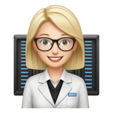 female system administrator with a server behind sticker