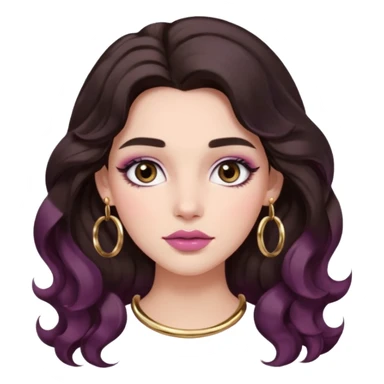 Woman with long dark brown wavy 2b hair, big brown eyes, thick brows, fair/light-medium skin, rosy blush, glossy mauve lips, gold hoops, and soft natural glam makeup. sticker