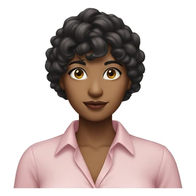 woman with long black curly hair and bangs and dark brown eyes, wearing a pastel pink blouse sticker