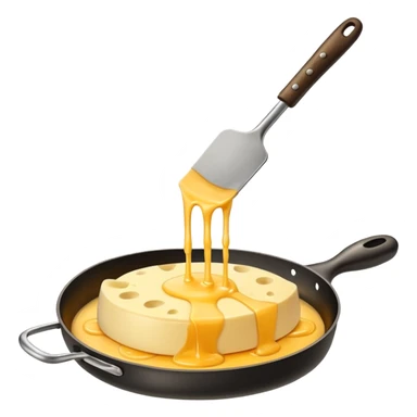 Emoji of raclette cheese being scraped with a metal spatula, melted cheese flowing, warm golden colors, modern emoji style, clean outlines, transparent background sticker