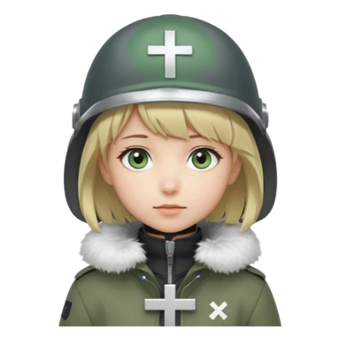 a cute anime girl with short blonde hair and soft bangs, large light blue eyes, and a gentle, calm expression. She is wearing a dark gray helmet with a small cross symbol on the front and a green coat with a fluffy white fur collar. Minimalistic, soft, and innocent character design. sticker