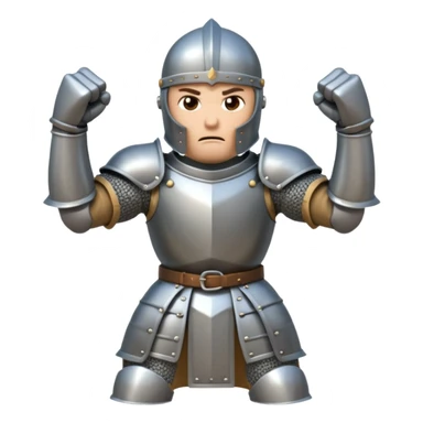 A cartoon knight in full armor with a closed helmet, expressing anger. The knight's head is tilted forward, arms clenched into fists, and legs apart. sticker